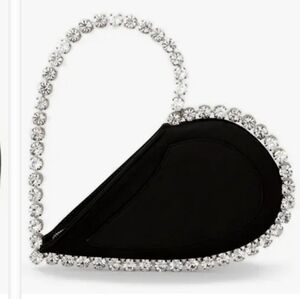 Love Crystal Top Handle Bag Black Heart Shaped Clutch with Silver Accents